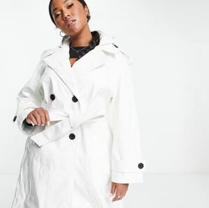 ASOS DESIGN Curve glossy patenthooded trench coat in cream